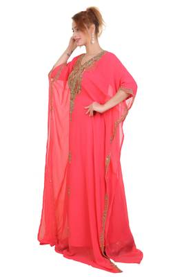Peach Zari Stone Work Georgette Islamic Style Beads Embedded Partywear Kaftan Long Gown Evening wear Dubai kaftan 3