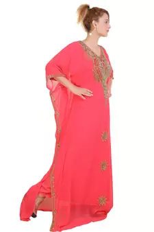Peach Zari Stone Work Georgette Islamic Style Beads Embedded Partywear Kaftan Long Gown Evening wear Dubai kaftan