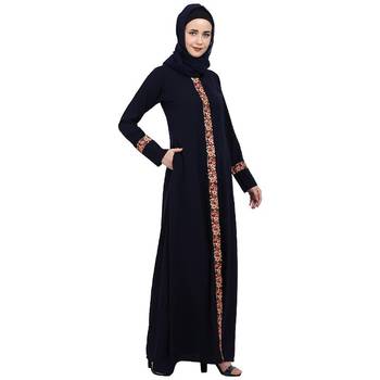 Elegant front open abaya with embroidery work- Navy Blue 3
