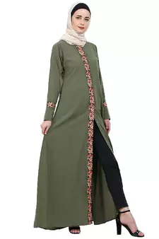 Elegant front open abaya with embroidery work- Jade Green