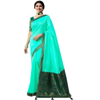 Sea green plain jacquard saree with blouse 1