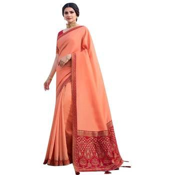 Peach plain jacquard saree with blouse 1