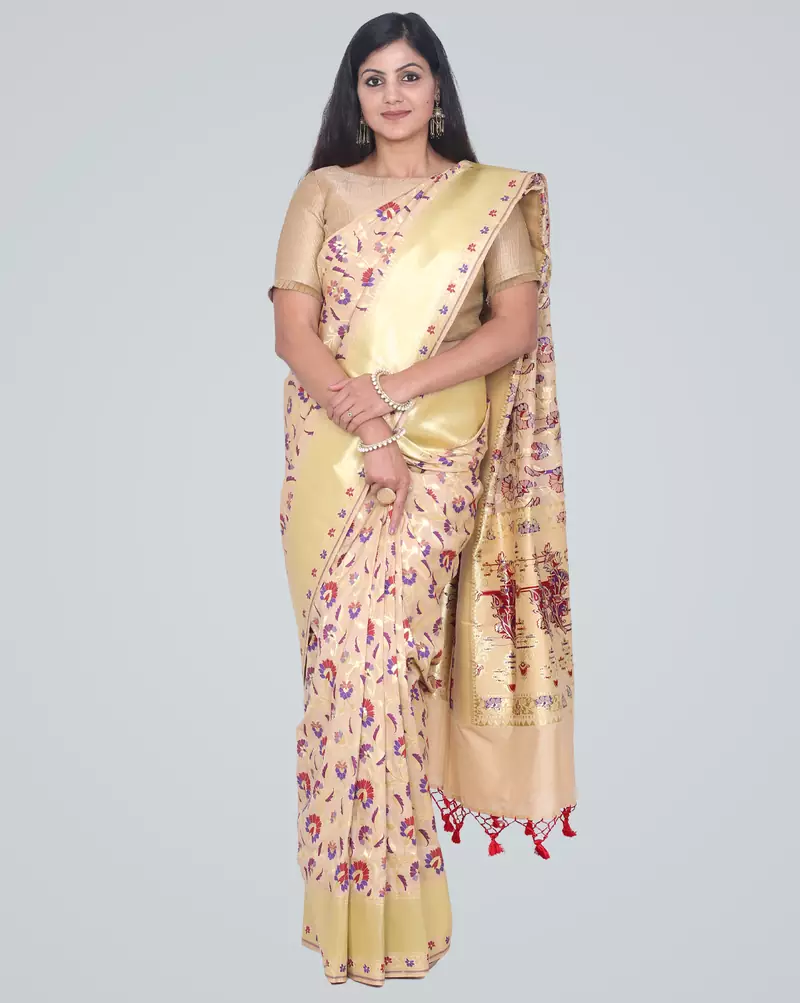 Semi Kataan Silk Tilfi Floral Jaal Banarasi Saree