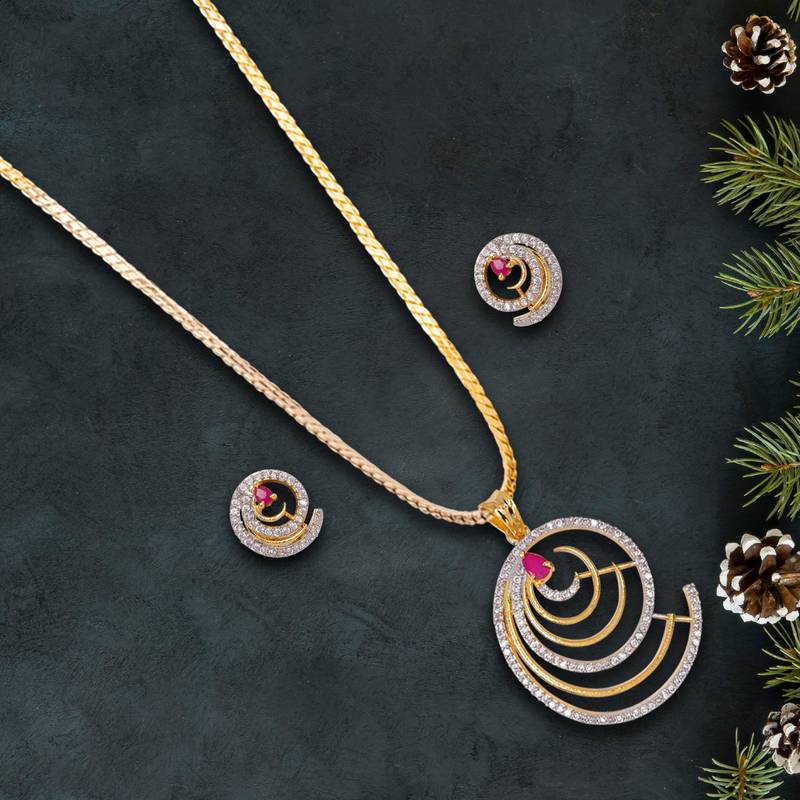 Gold Plated American Diamond Pendant Set With Chain For Women M
