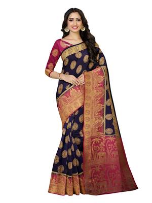Mimosa Kanjivaram Style Art Silk Saree Color :  Navy Blue 1