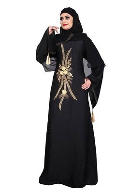 Khadija fashion Women's Nida burqa features golden rose embroidery work and golden lace with shiffon scarf. 1