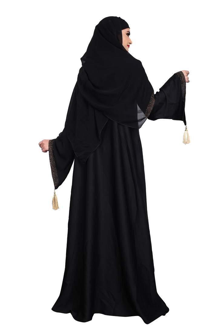 Khadija fashion Women's Nida burqa features golden rose embroidery work and golden lace with shiffon scarf.