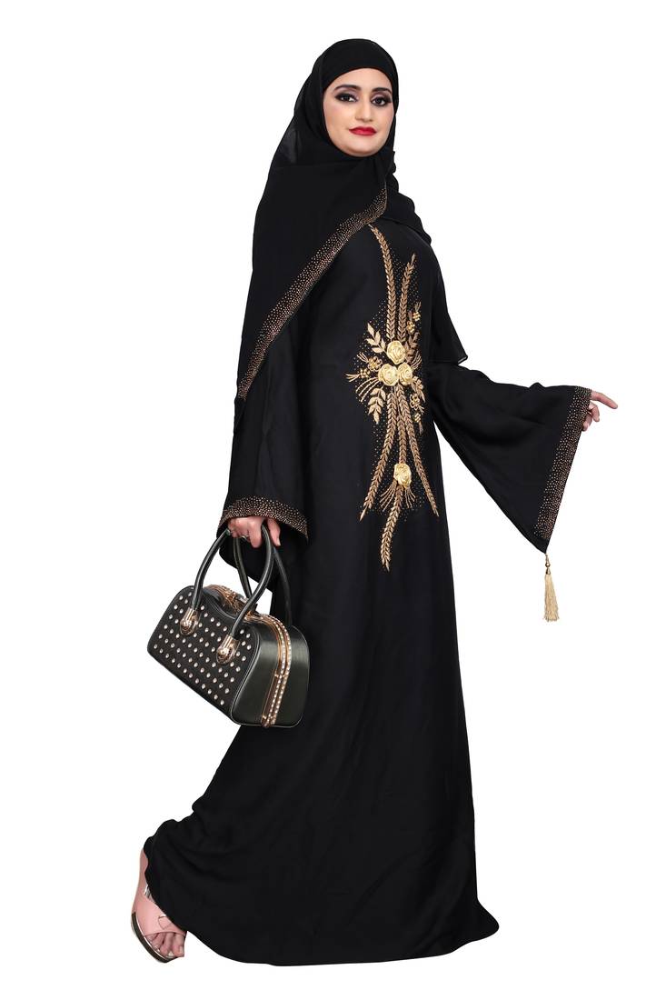 Khadija fashion Women's Nida burqa features golden rose embroidery work and golden lace with shiffon scarf.