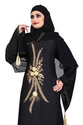 Khadija fashion Women's Nida burqa features golden rose embroidery work and golden lace with shiffon scarf. 4
