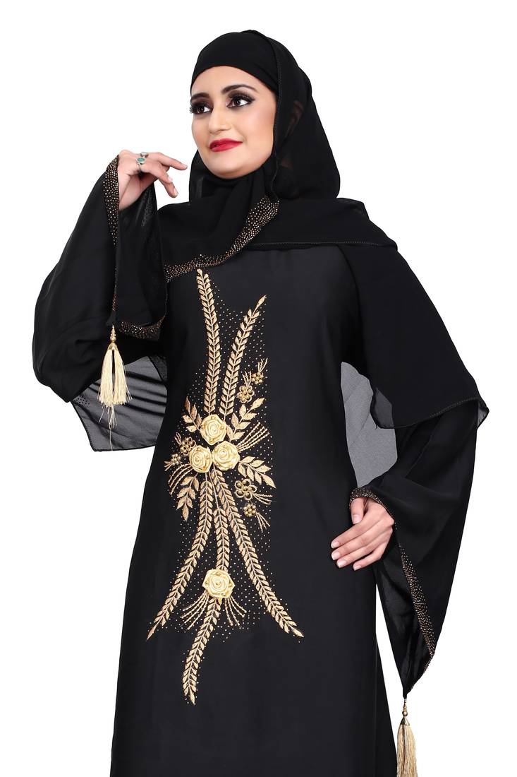 Khadija fashion Women's Nida burqa features golden rose embroidery work and golden lace with shiffon scarf.