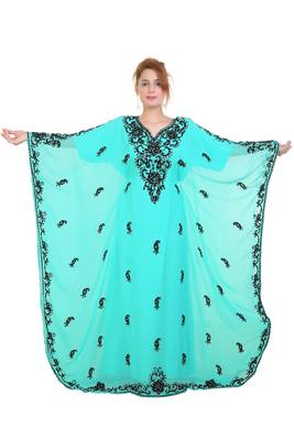 Sea Green Aari Stone Work Georgette Islamic Style Beads Embedded Partywear Kaftan Long Gown Evening wear Dubai kaftan 1
