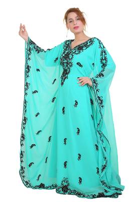 Sea Green Aari Stone Work Georgette Islamic Style Beads Embedded Partywear Kaftan Long Gown Evening wear Dubai kaftan 2