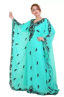 Sea Green Aari Stone Work Georgette Islamic Style Beads Embedded Partywear Kaftan Long Gown Evening wear Dubai kaftan