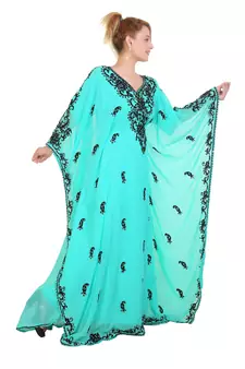 Sea Green Aari Stone Work Georgette Islamic Style Beads Embedded Partywear Kaftan Long Gown Evening wear Dubai kaftan