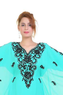 Sea Green Aari Stone Work Georgette Islamic Style Beads Embedded Partywear Kaftan Long Gown Evening wear Dubai kaftan 4
