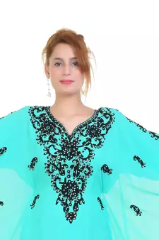 Sea Green Aari Stone Work Georgette Islamic Style Beads Embedded Partywear Kaftan Long Gown Evening wear Dubai kaftan