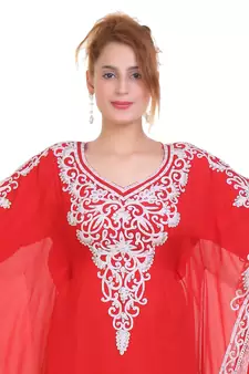 Red Aari Stone Work Georgette Islamic Style Beads Embedded Partywear Kaftan Long Gown Evening wear Dubai kaftan
