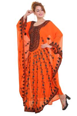 Orange Aarii Stone Work Georgette Islamic Style Beads Embedded Partywear Kaftan Long Gown Evening wear Dubai kaftan 2