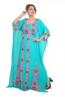Sea Green Aari Stone Work Georgette Islamic Style Beads Embedded Partywear Kaftan Long Gown Evening wear Dubai kaftan