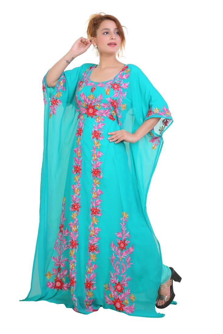 Sea Green Aari  Stone Work Georgette Islamic Style Beads Embedded Partywear Kaftan Long Gown Evening wear Dubai kaftan