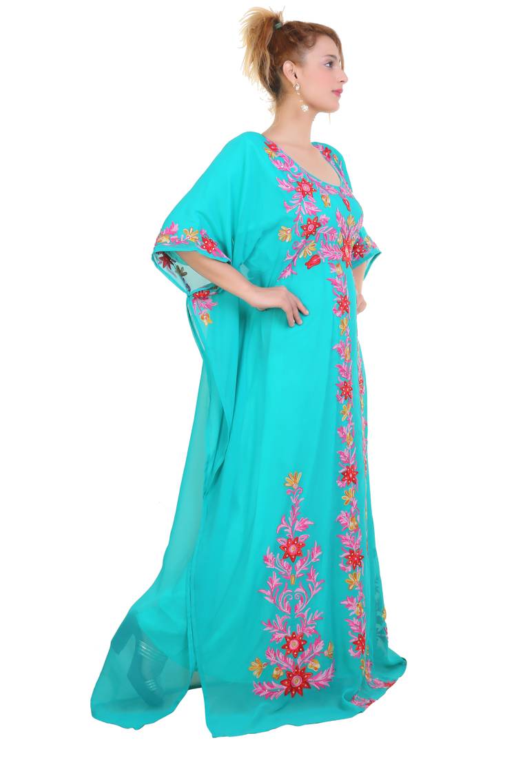 Sea Green Aari  Stone Work Georgette Islamic Style Beads Embedded Partywear Kaftan Long Gown Evening wear Dubai kaftan