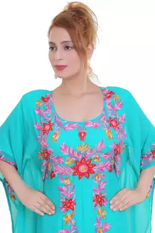 Sea Green Aari Stone Work Georgette Islamic Style Beads Embedded Partywear Kaftan Long Gown Evening wear Dubai kaftan