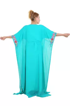 Sea Green Aari Stone Work Georgette Islamic Style Beads Embedded Partywear Kaftan Long Gown Evening wear Dubai kaftan