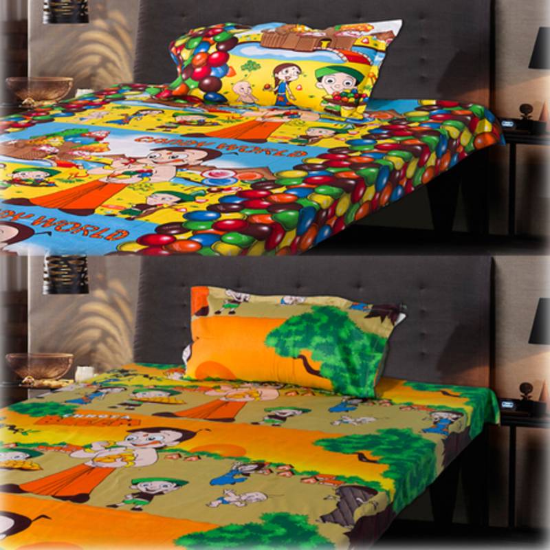 Set of 2 Chota Bheem Kids Single Bedsheet with 1 Pillow Cover eCraftIndia 469232