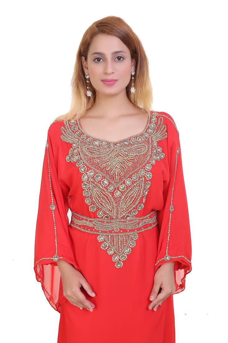 Red Zari Stone Work Georgette Islamic Style Beads Embedded Partywear Kaftan Long Gown Evening wear Dubai kaftan