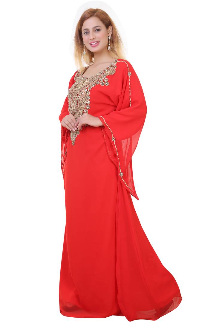 Red Zari Stone Work Georgette Islamic Style Beads Embedded Partywear Kaftan Long Gown Evening wear Dubai kaftan
