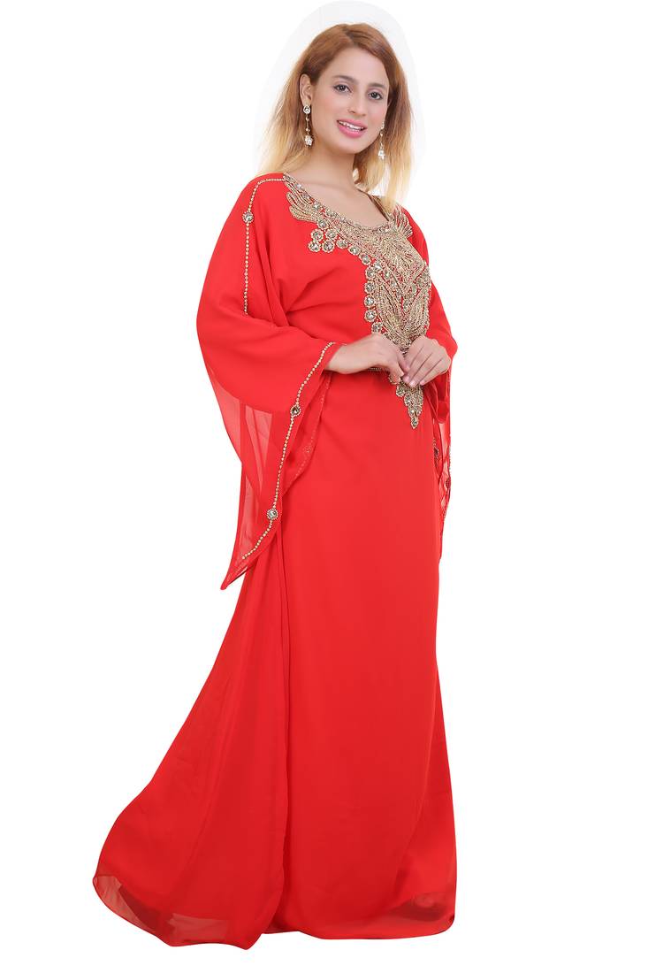Red Zari Stone Work Georgette Islamic Style Beads Embedded Partywear Kaftan Long Gown Evening wear Dubai kaftan