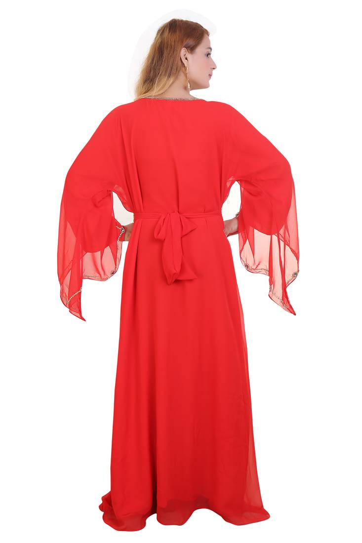 Red Zari Stone Work Georgette Islamic Style Beads Embedded Partywear Kaftan Long Gown Evening wear Dubai kaftan