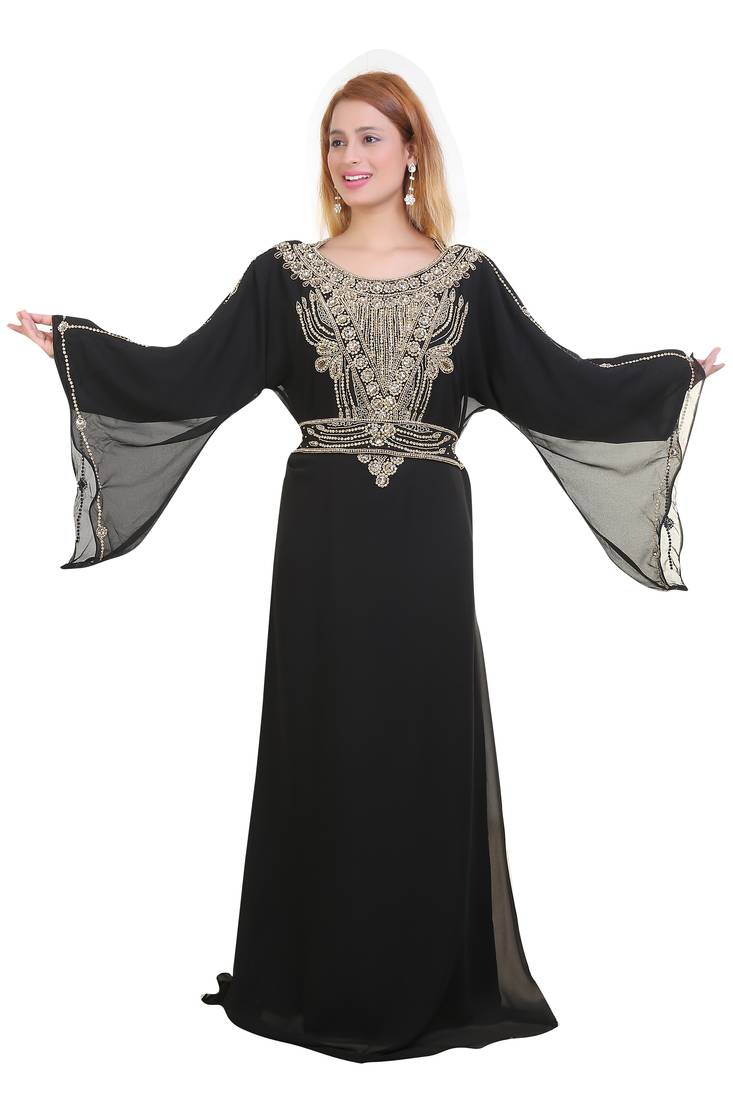 Black Zari Stone Work Georgette Islamic Style Beads Embedded Partywear Kaftan Long Gown Evening wear Dubai kaftan