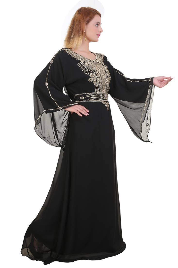 Black Zari Stone Work Georgette Islamic Style Beads Embedded Partywear Kaftan Long Gown Evening wear Dubai kaftan