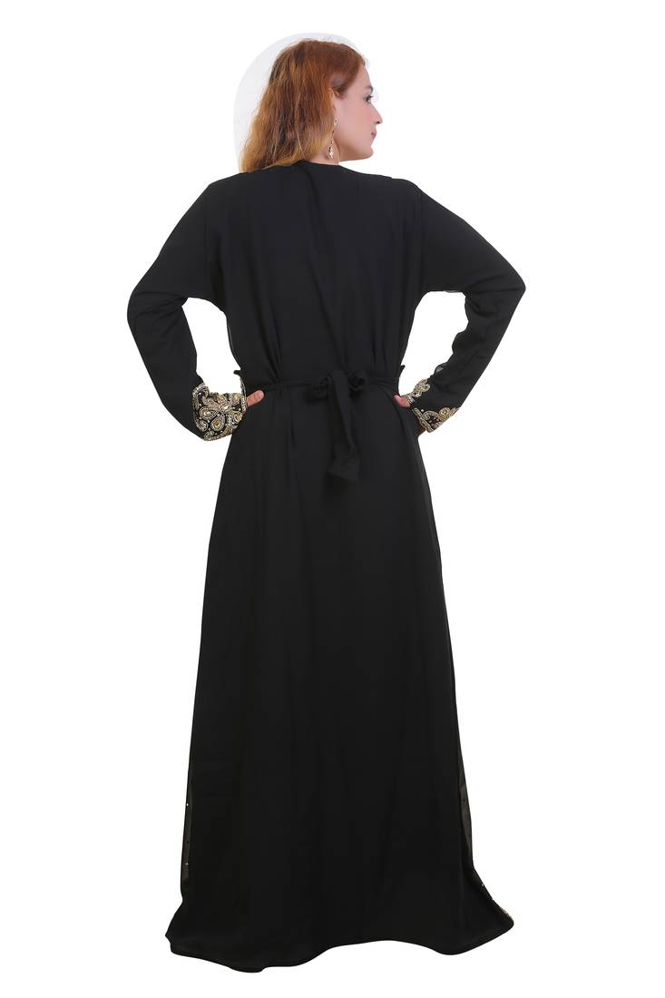 Black Zari Stone Work Georgette Islamic Style Beads Embedded Partywear Kaftan Long Gown Evening wear Dubai kaftan