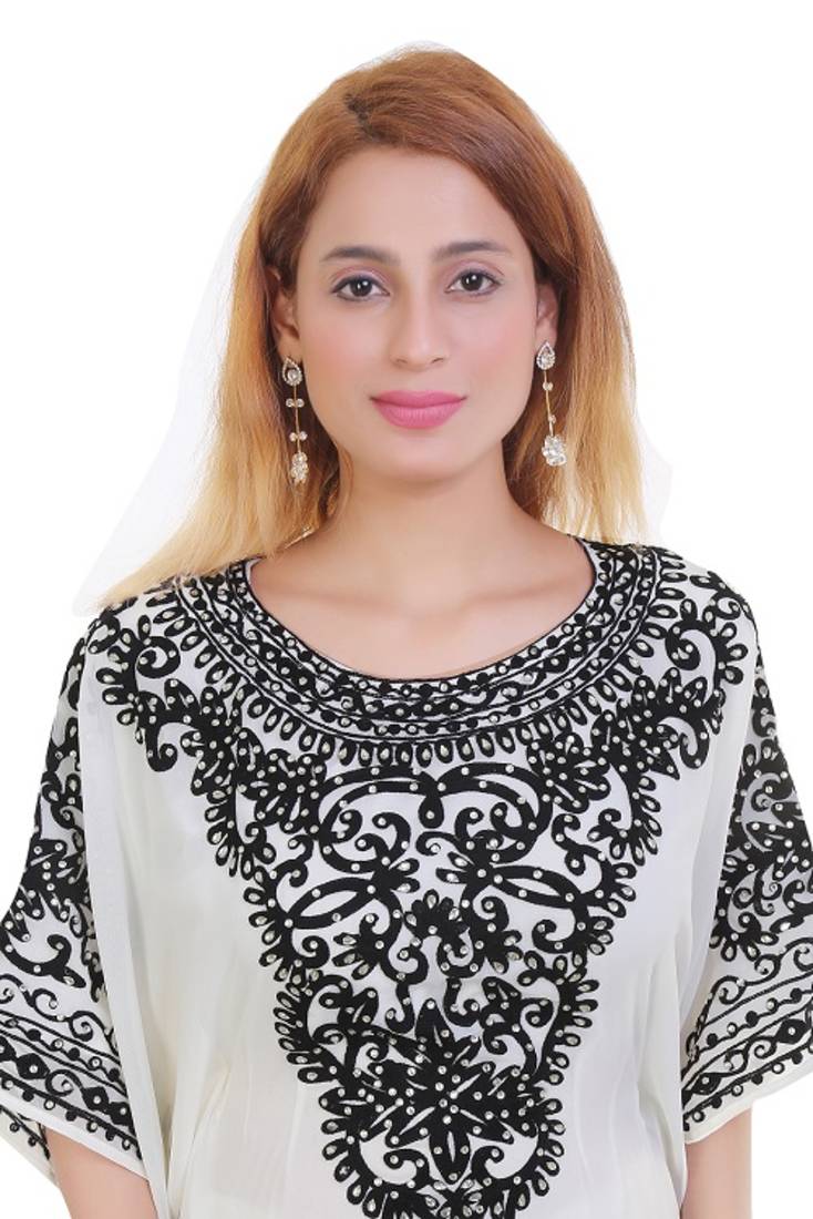 White Ari Work Georgette Islamic Style Stone Embedded Partywear Kaftan Long Gown Evening wear Dubai kaftan