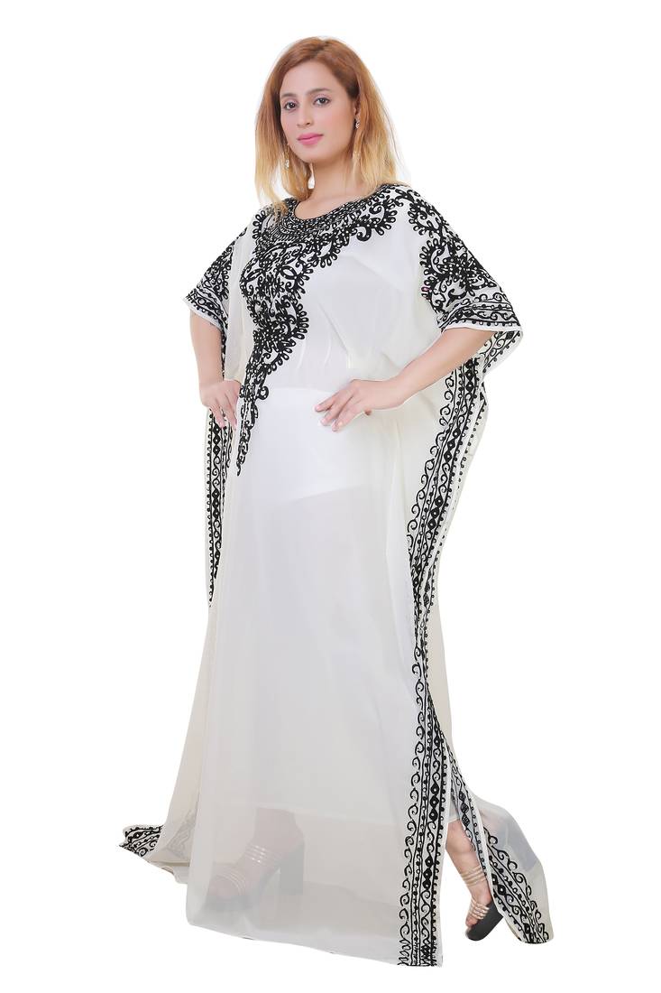 White Ari Work Georgette Islamic Style Stone Embedded Partywear Kaftan Long Gown Evening wear Dubai kaftan