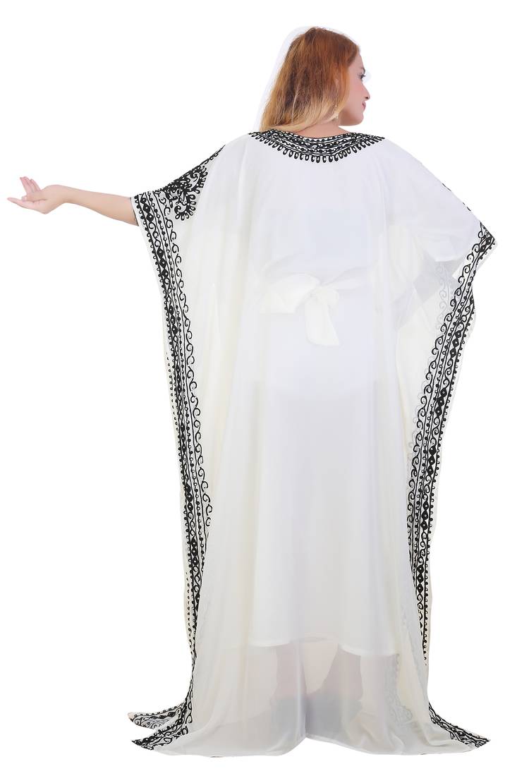 White Ari Work Georgette Islamic Style Stone Embedded Partywear Kaftan Long Gown Evening wear Dubai kaftan