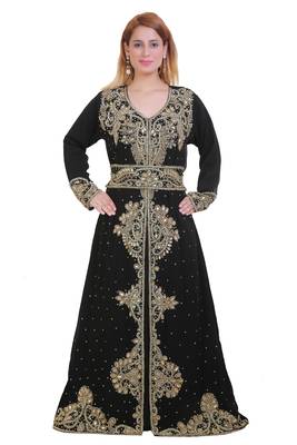 Black Zari Stone Work Georgette Islamic Style Beads Embedded Partywear Kaftan Long Gown Evening wear Dubai kaftan 1