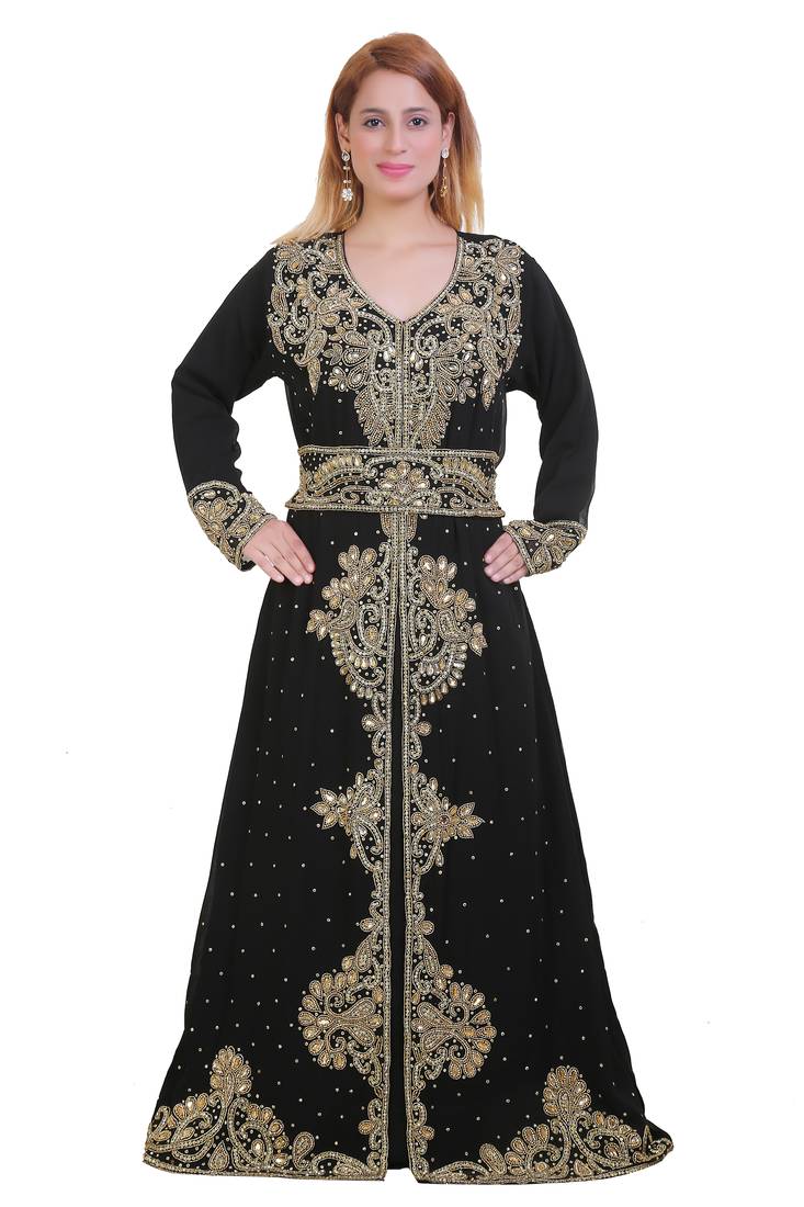 Black Zari Stone Work Georgette Islamic Style Beads Embedded Partywear Kaftan Long Gown Evening wear Dubai kaftan