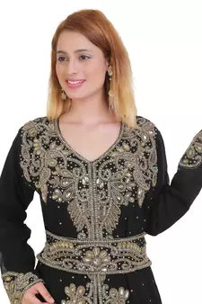 Black Zari Stone Work Georgette Islamic Style Beads Embedded Partywear Kaftan Long Gown Evening wear Dubai kaftan
