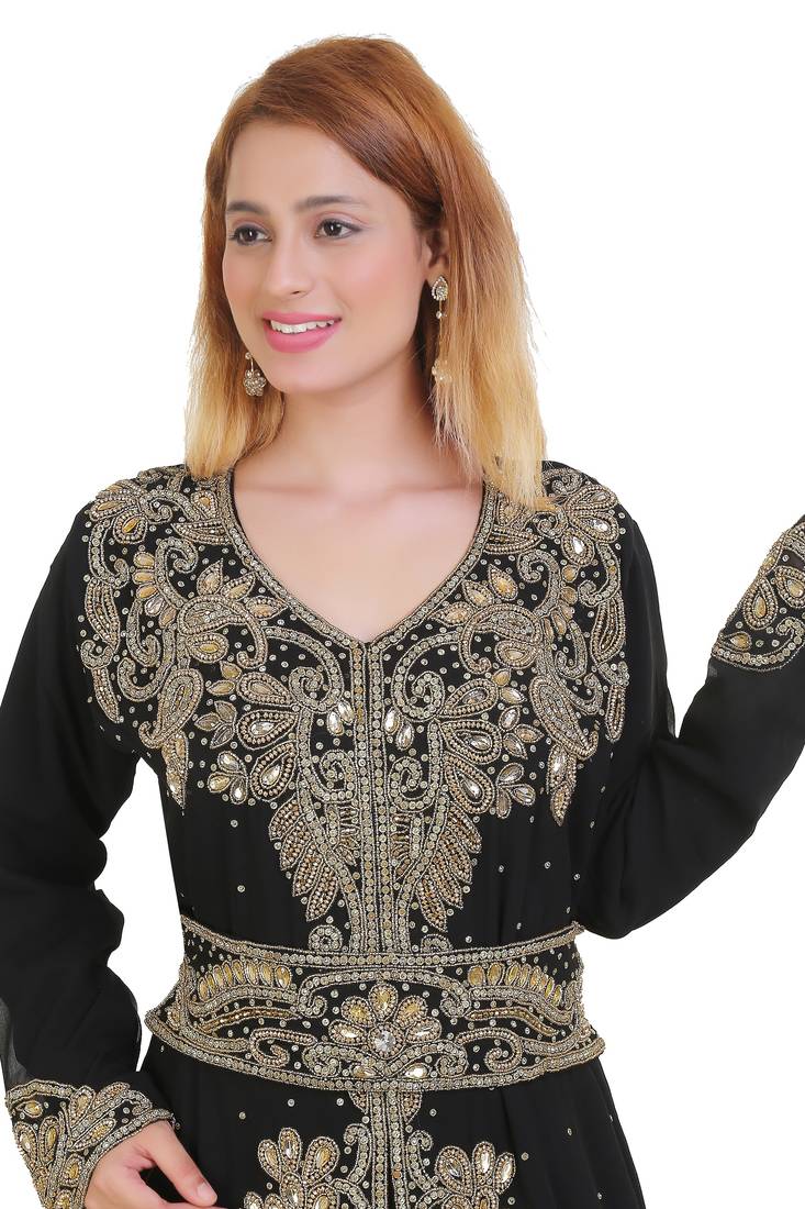 Black Zari Stone Work Georgette Islamic Style Beads Embedded Partywear Kaftan Long Gown Evening wear Dubai kaftan
