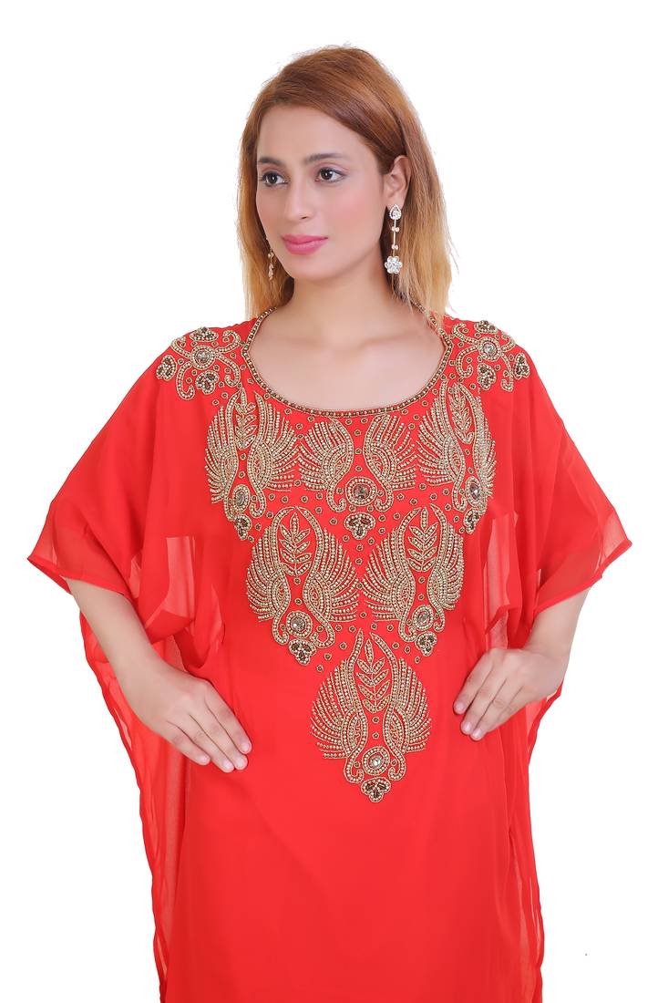 Red Zari Stone Work Georgette Islamic Style Beads Embedded Partywear Kaftan Long Gown Evening wear Dubai kaftan