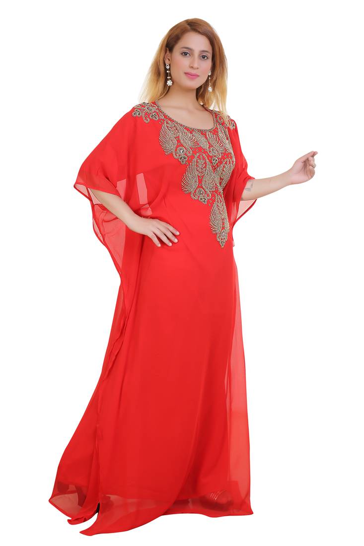 Red Zari Stone Work Georgette Islamic Style Beads Embedded Partywear Kaftan Long Gown Evening wear Dubai kaftan