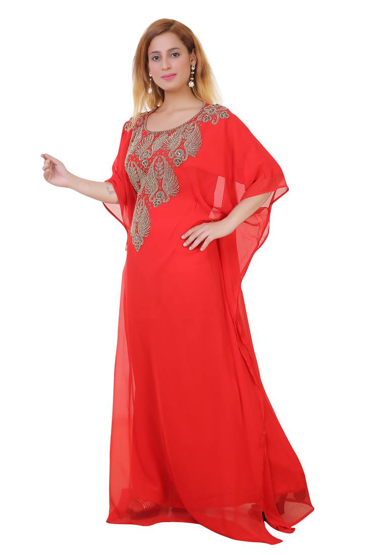 Red Zari Stone Work Georgette Islamic Style Beads Embedded Partywear Kaftan Long Gown Evening wear Dubai kaftan