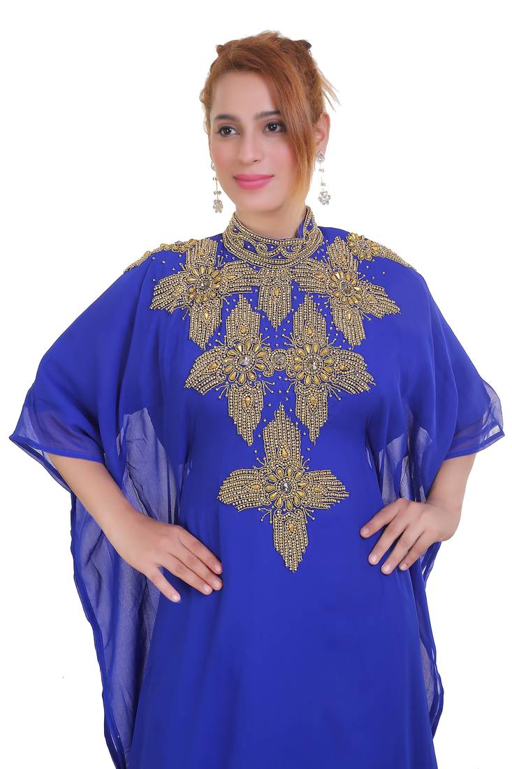 Royal Blue Zari Stone Work Georgette Islamic Style Beads Embedded Partywear Kaftan Long Gown Evening wear Dubai kaftan