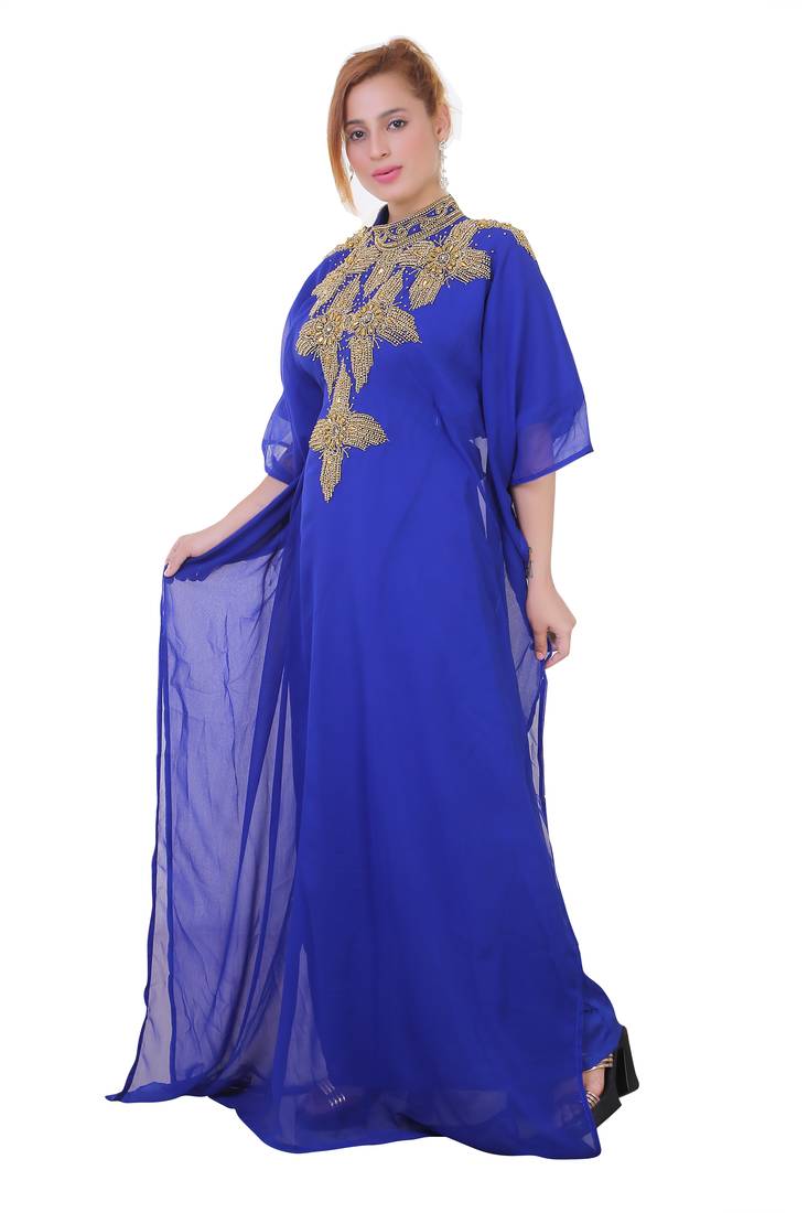 Royal Blue Zari Stone Work Georgette Islamic Style Beads Embedded Partywear Kaftan Long Gown Evening wear Dubai kaftan