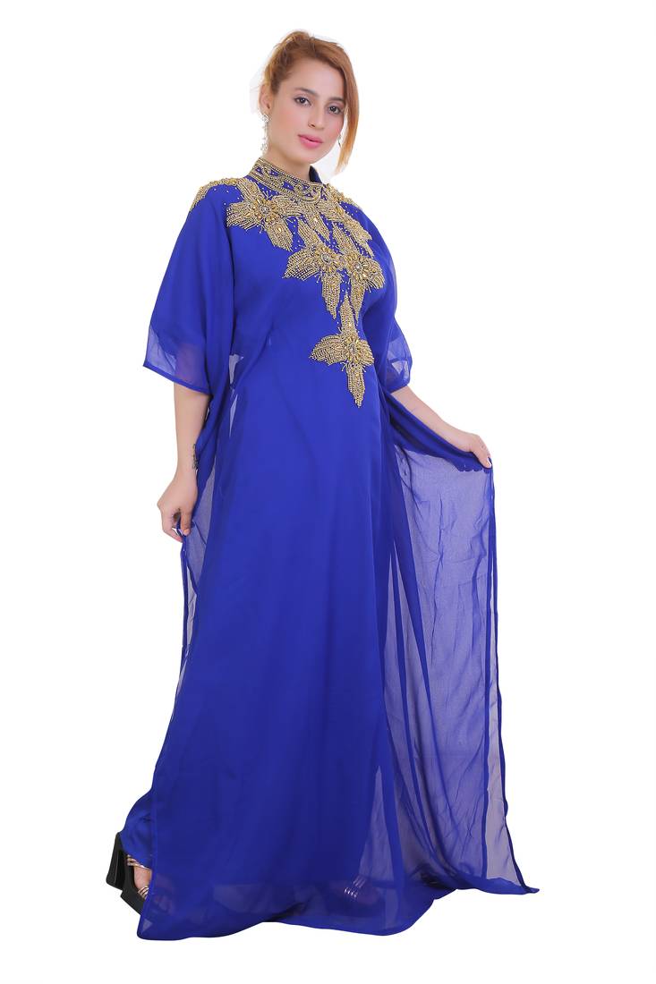Royal Blue Zari Stone Work Georgette Islamic Style Beads Embedded Partywear Kaftan Long Gown Evening wear Dubai kaftan