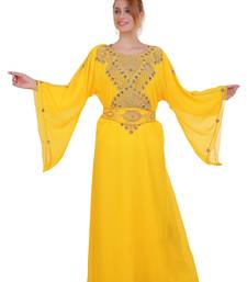 Yellow Zari Stone Work Georgette Islamic Style Beads Embedded Partywear Kaftan Long Gown Evening wear Dubai kaftan
