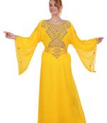 Yellow Zari Stone Work Georgette Islamic Style Beads Embedded Partywear Kaftan Long Gown Evening wear Dubai kaftan